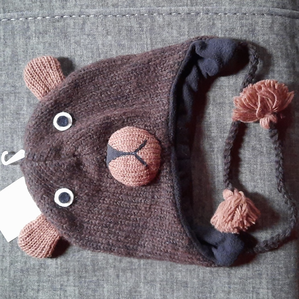 Brown Bear Wool Knit Hat Ear Flap Braided Ties Youth Teen Tween Headwear Winter